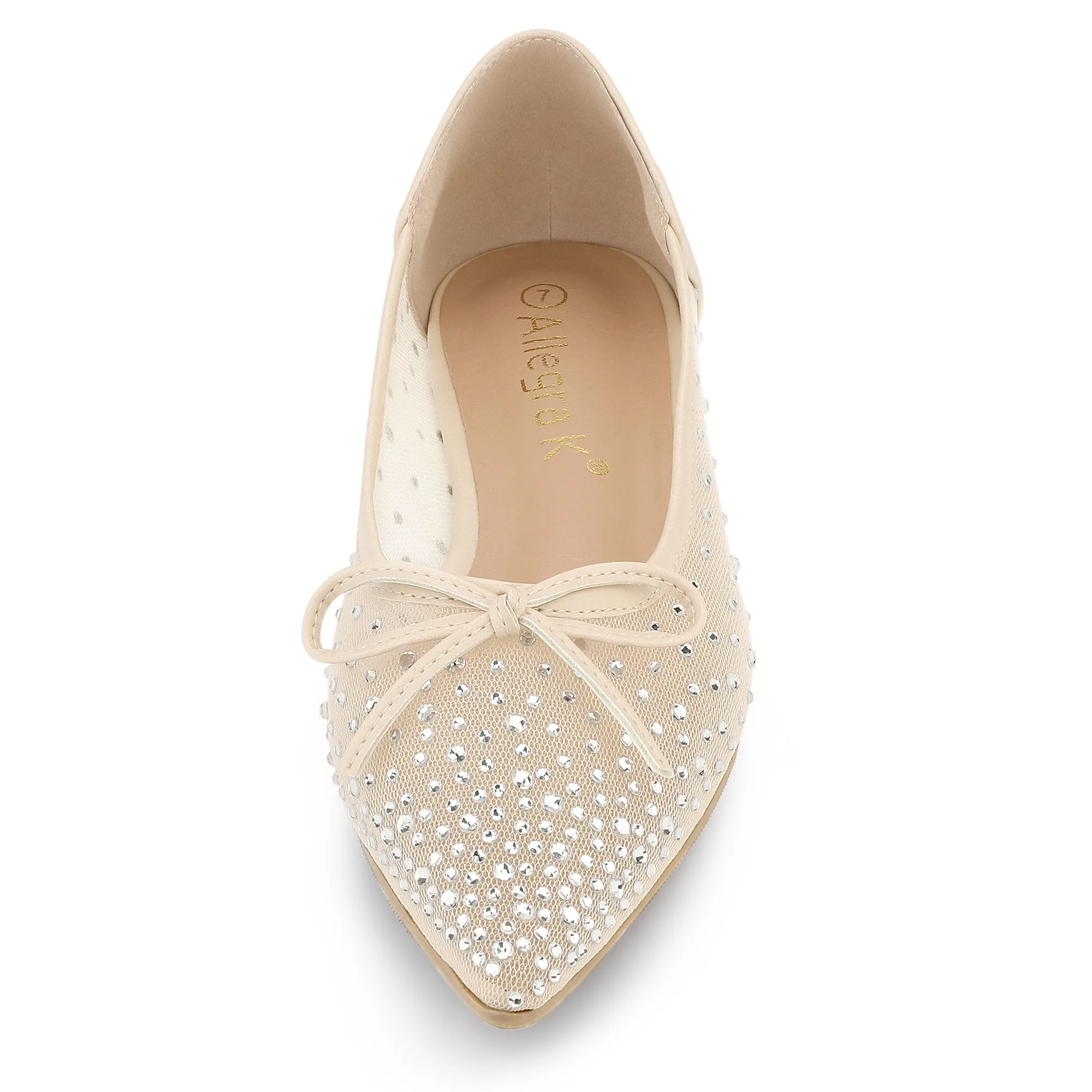 Women's Pointed Toe Bow Rhinestone Mesh Ballerina Flats