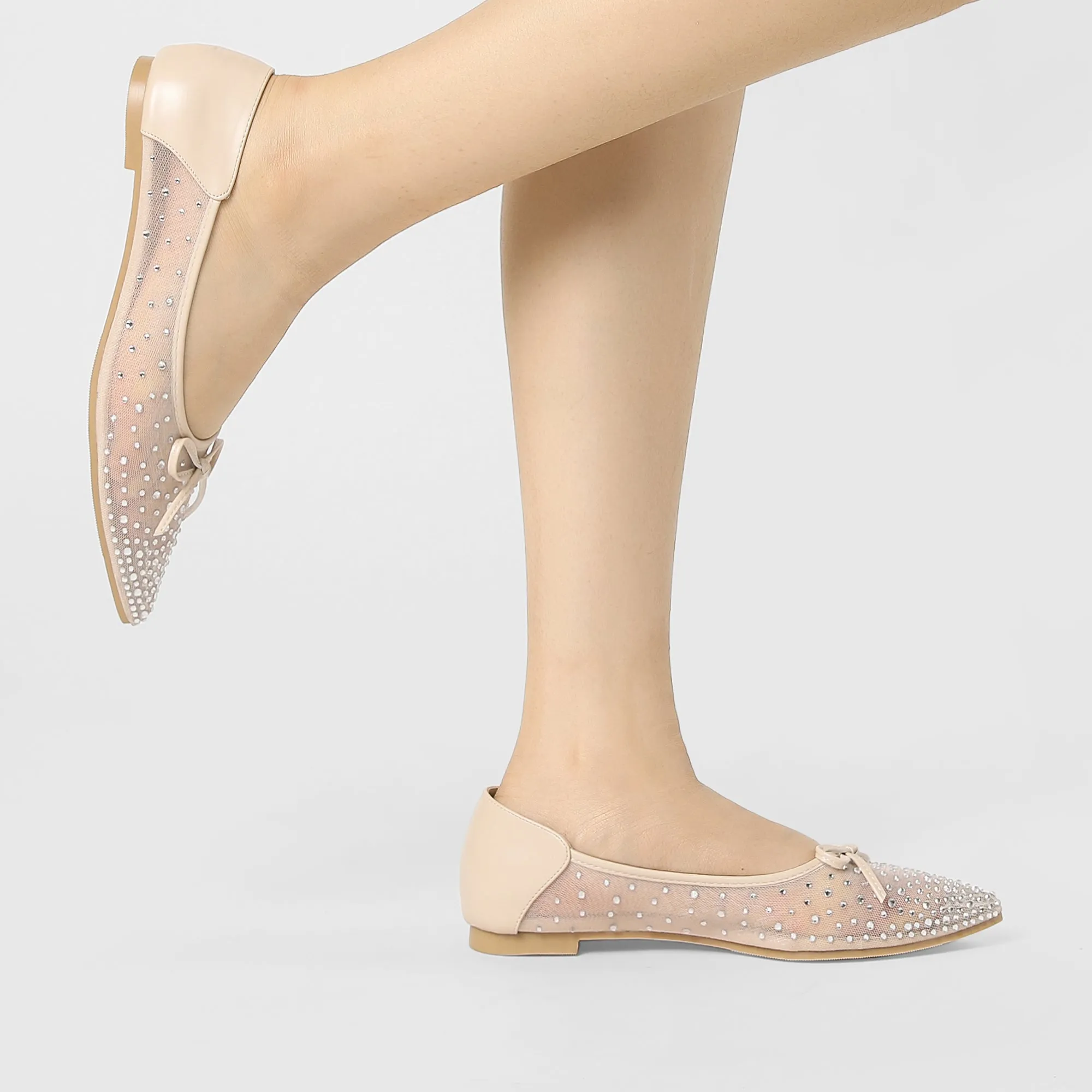 Women's Pointed Toe Bow Rhinestone Mesh Ballerina Flats