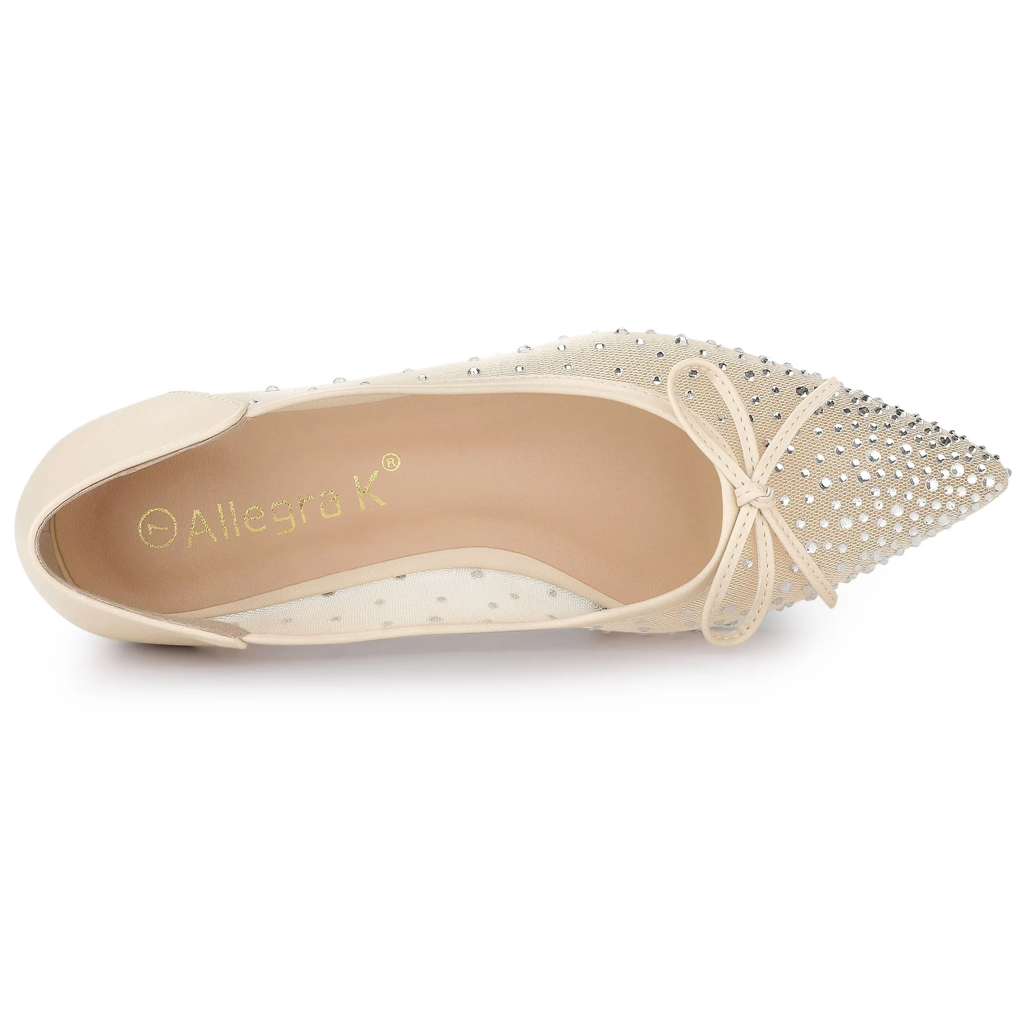 Women's Pointed Toe Bow Rhinestone Mesh Ballerina Flats