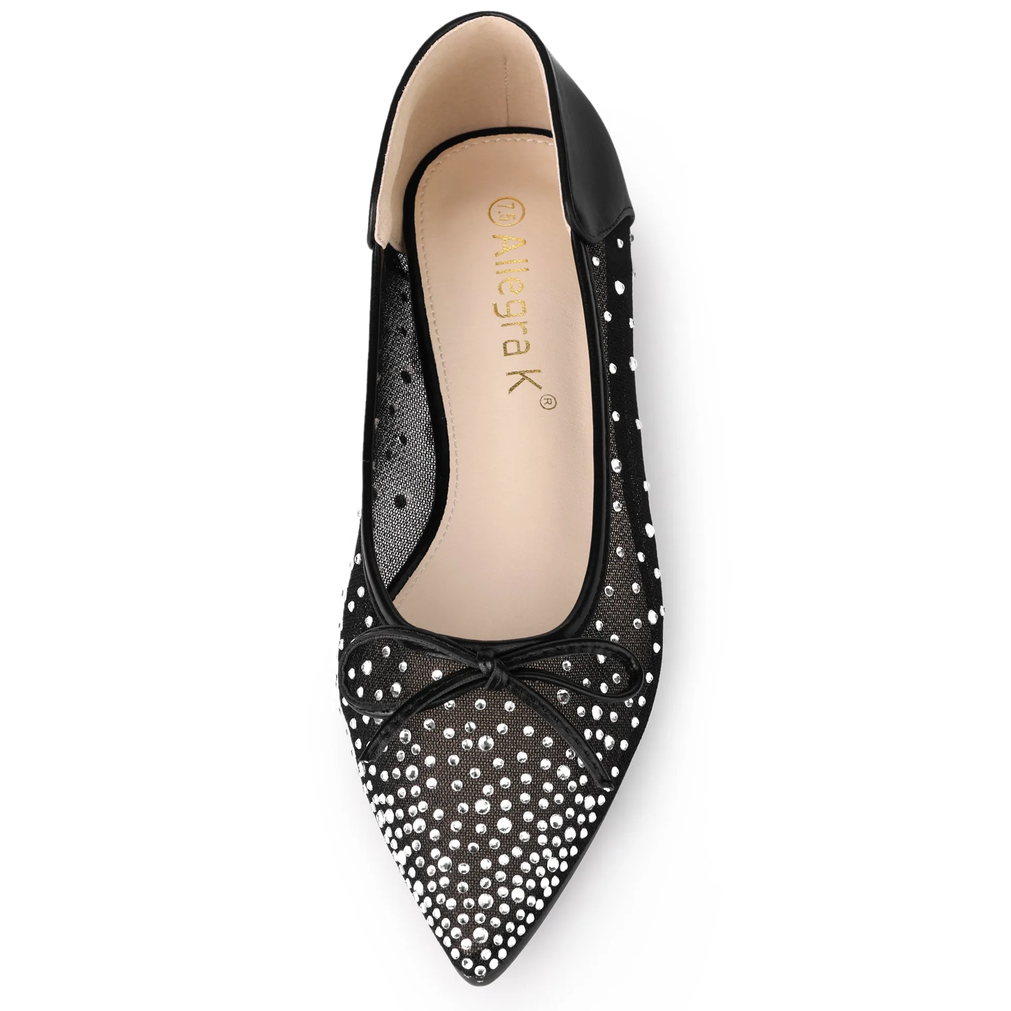 Women's Pointed Toe Bow Rhinestone Mesh Ballerina Flats