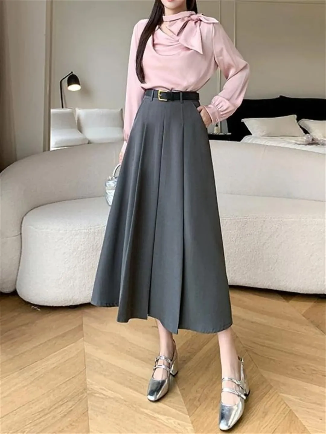 Women's Spring Summer Elegant Loose Umbrella Long Skirts High Waist Solid Casual A-Line Skirts