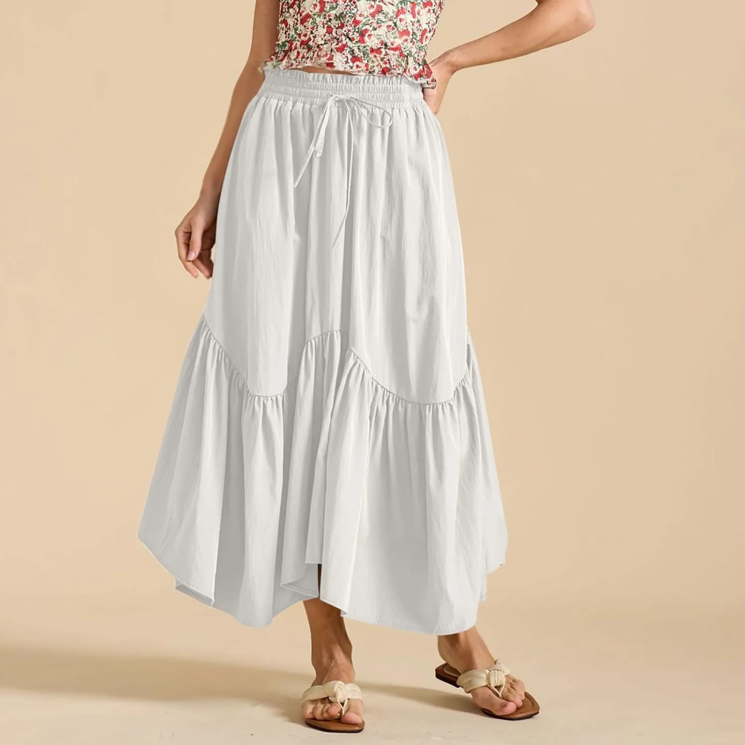 WomenS Summer Boho Flowy Swing Tiered A-Line Maxi Skirt 2025 Fashion Trendy Elastic Waist Pleated Long Beach Dress