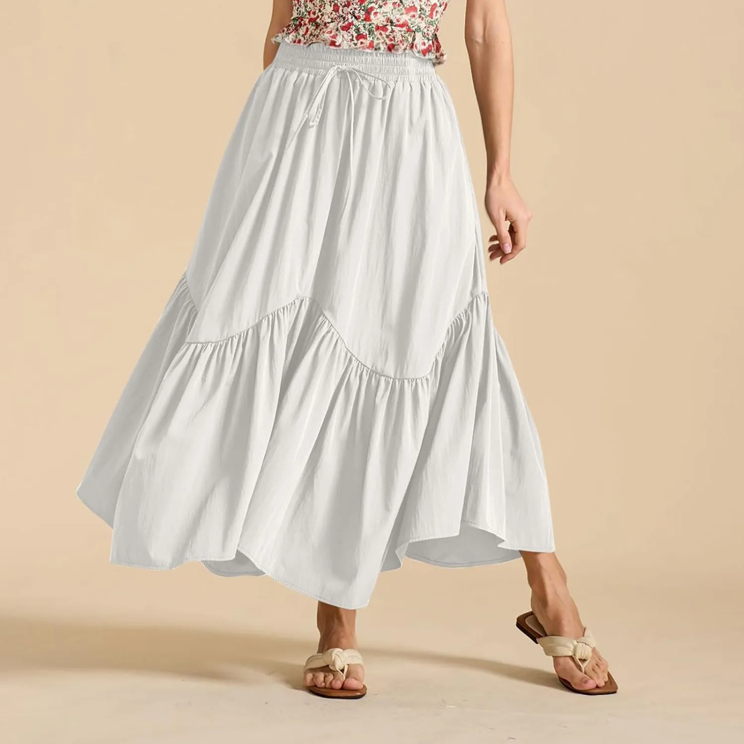 WomenS Summer Boho Flowy Swing Tiered A-Line Maxi Skirt 2025 Fashion Trendy Elastic Waist Pleated Long Beach Dress