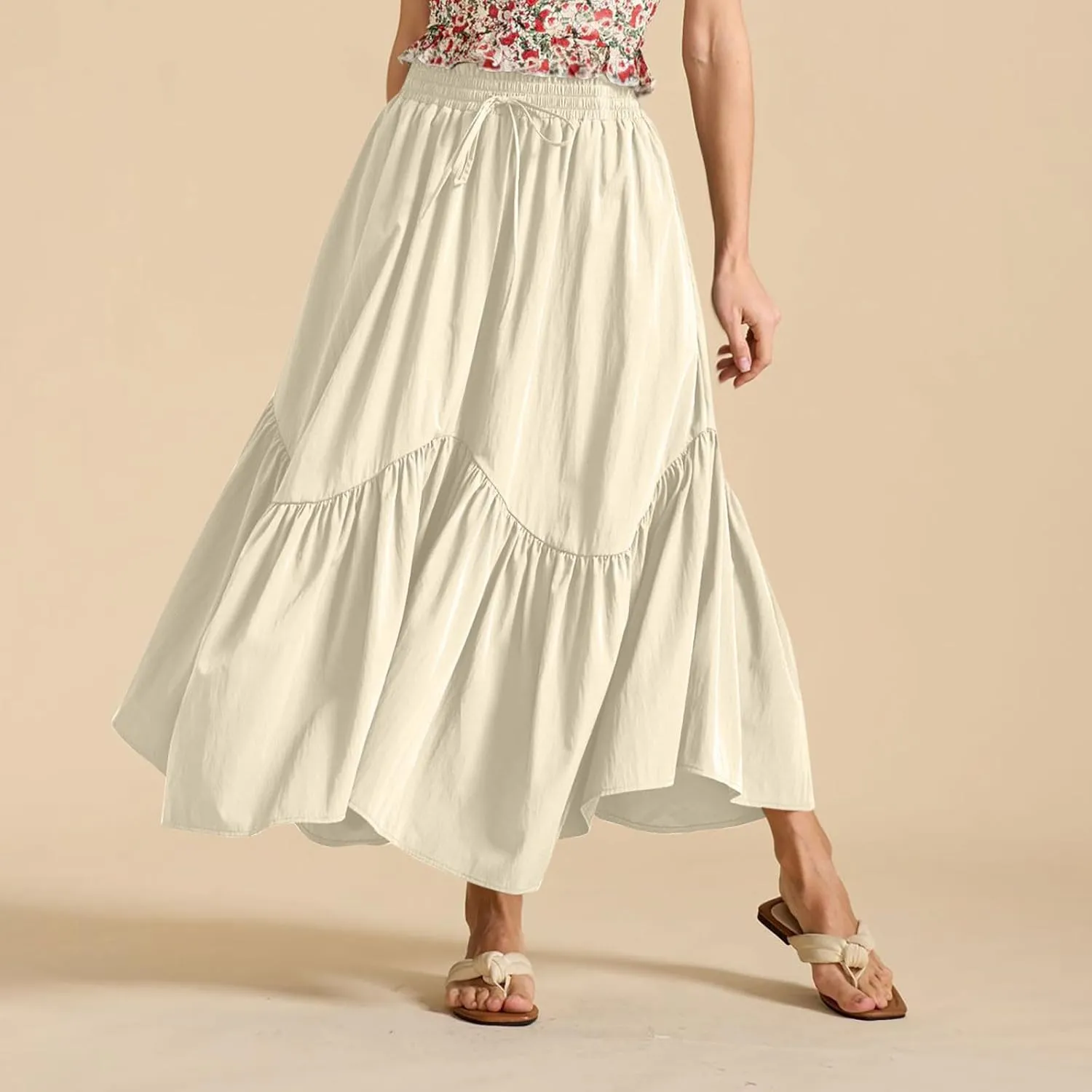 WomenS Summer Boho Flowy Swing Tiered A-Line Maxi Skirt 2025 Fashion Trendy Elastic Waist Pleated Long Beach Dress