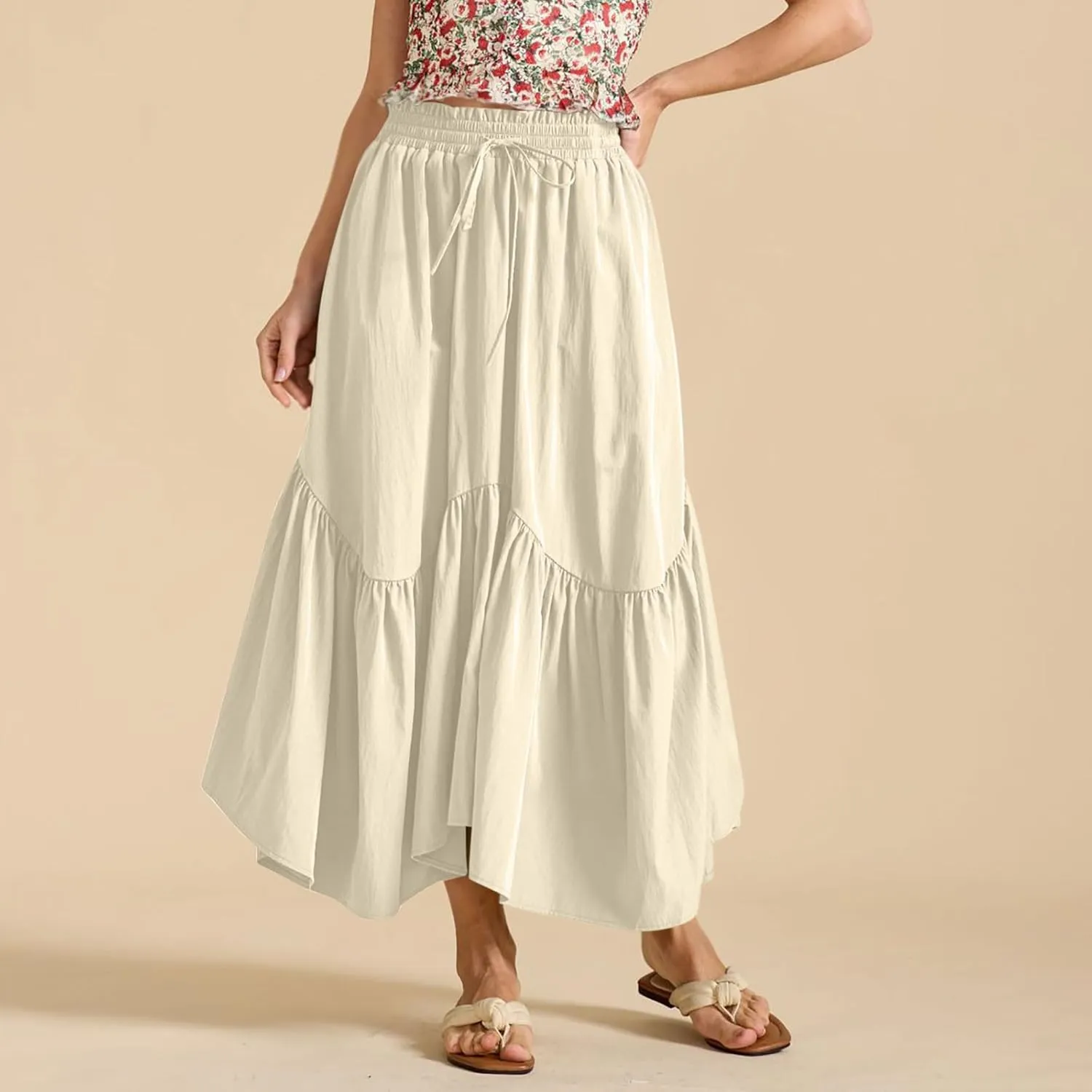 WomenS Summer Boho Flowy Swing Tiered A-Line Maxi Skirt 2025 Fashion Trendy Elastic Waist Pleated Long Beach Dress
