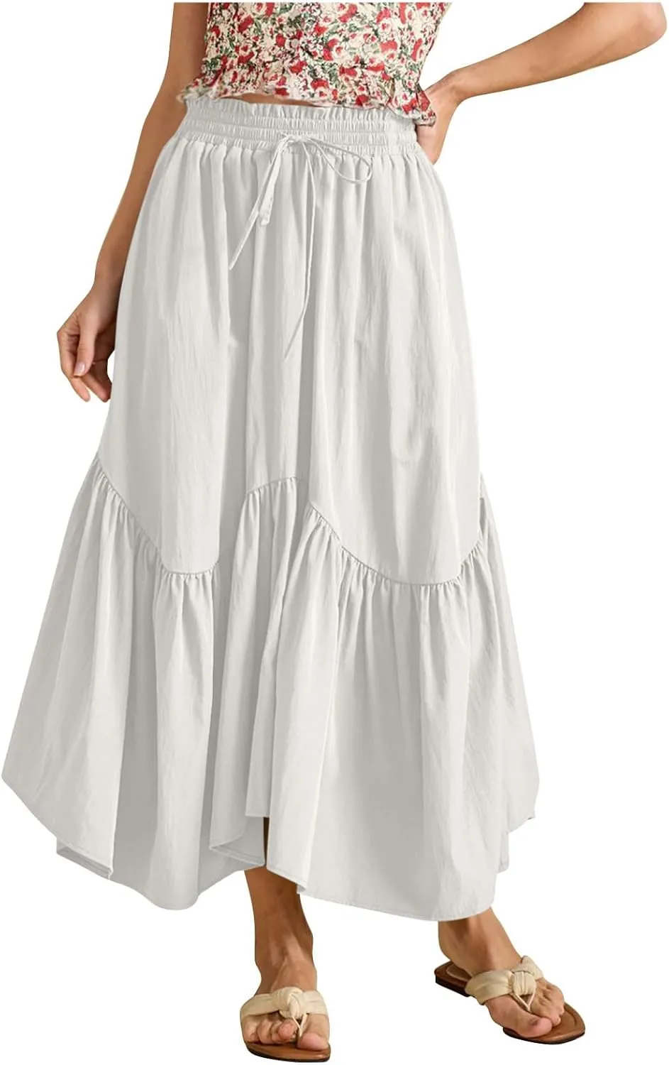 WomenS Summer Boho Flowy Swing Tiered A-Line Maxi Skirt 2025 Fashion Trendy Elastic Waist Pleated Long Beach Dress