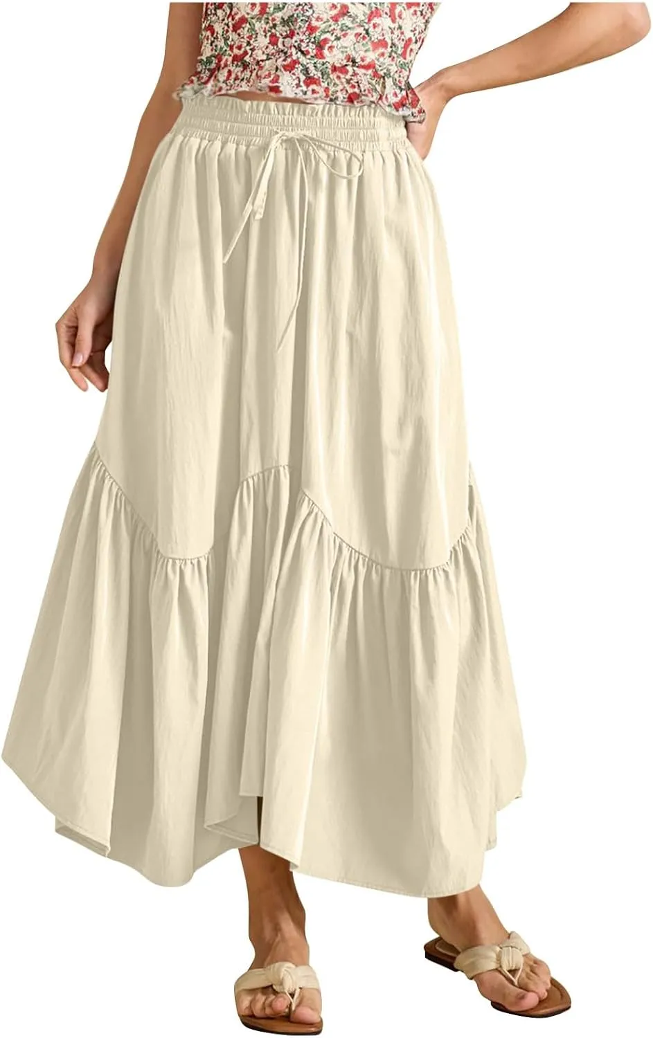 WomenS Summer Boho Flowy Swing Tiered A-Line Maxi Skirt 2025 Fashion Trendy Elastic Waist Pleated Long Beach Dress