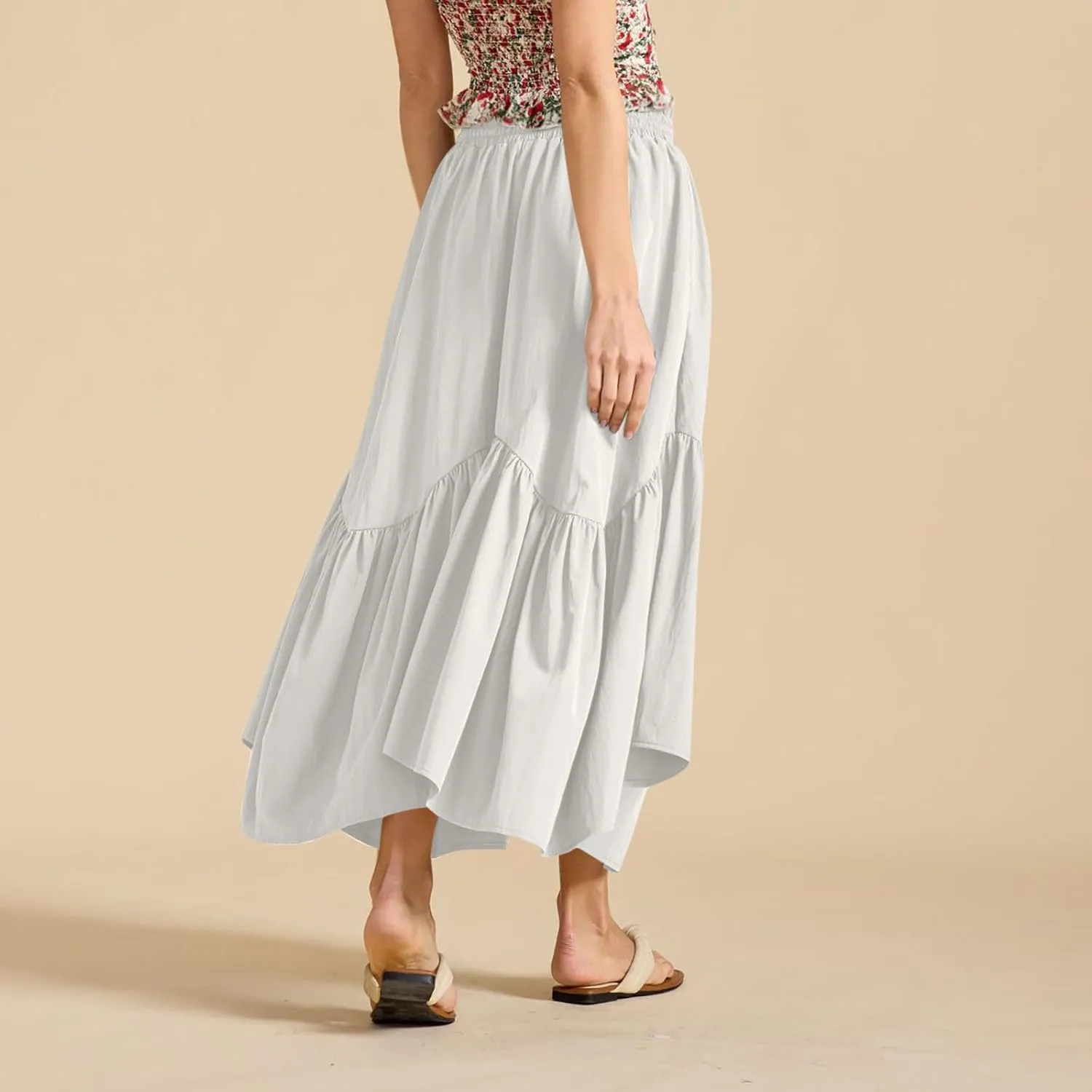 WomenS Summer Boho Flowy Swing Tiered A-Line Maxi Skirt 2025 Fashion Trendy Elastic Waist Pleated Long Beach Dress