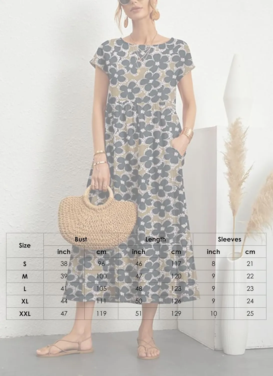 Women's Summer Dress Straight Wrap Long Dress with Side Pockets Round Neck Short Sleeve Floral Print Beach Midi Dress