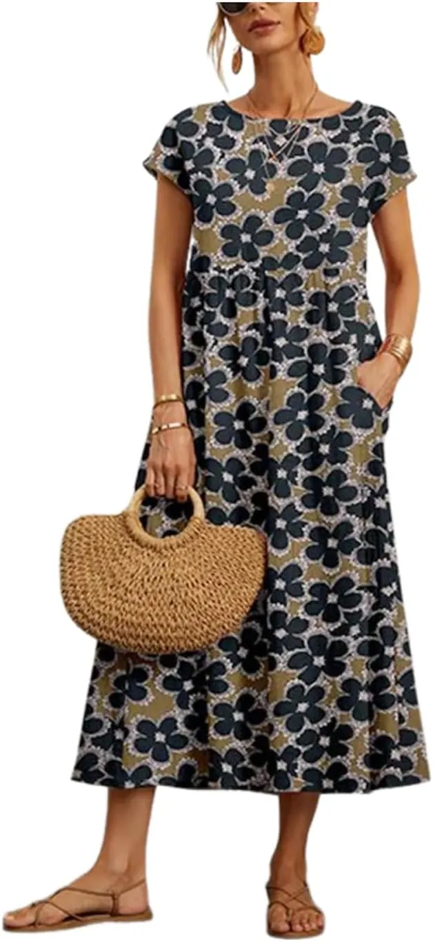 Women's Summer Dress Straight Wrap Long Dress with Side Pockets Round Neck Short Sleeve Floral Print Beach Midi Dress