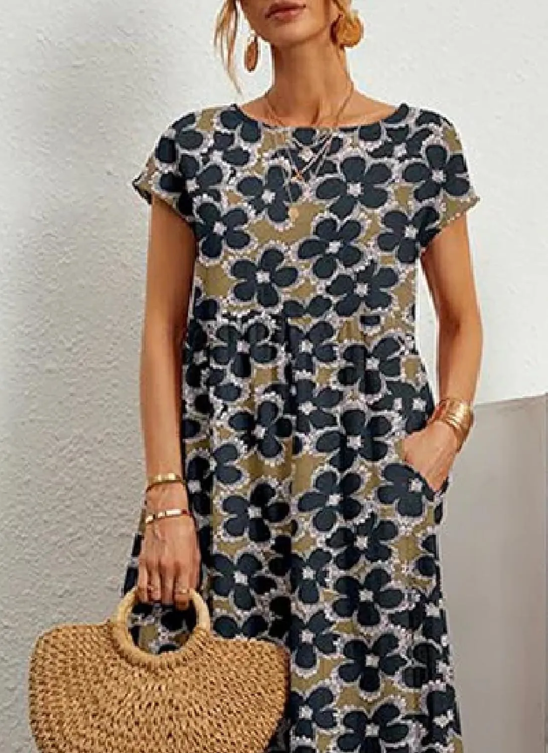 Women's Summer Dress Straight Wrap Long Dress with Side Pockets Round Neck Short Sleeve Floral Print Beach Midi Dress