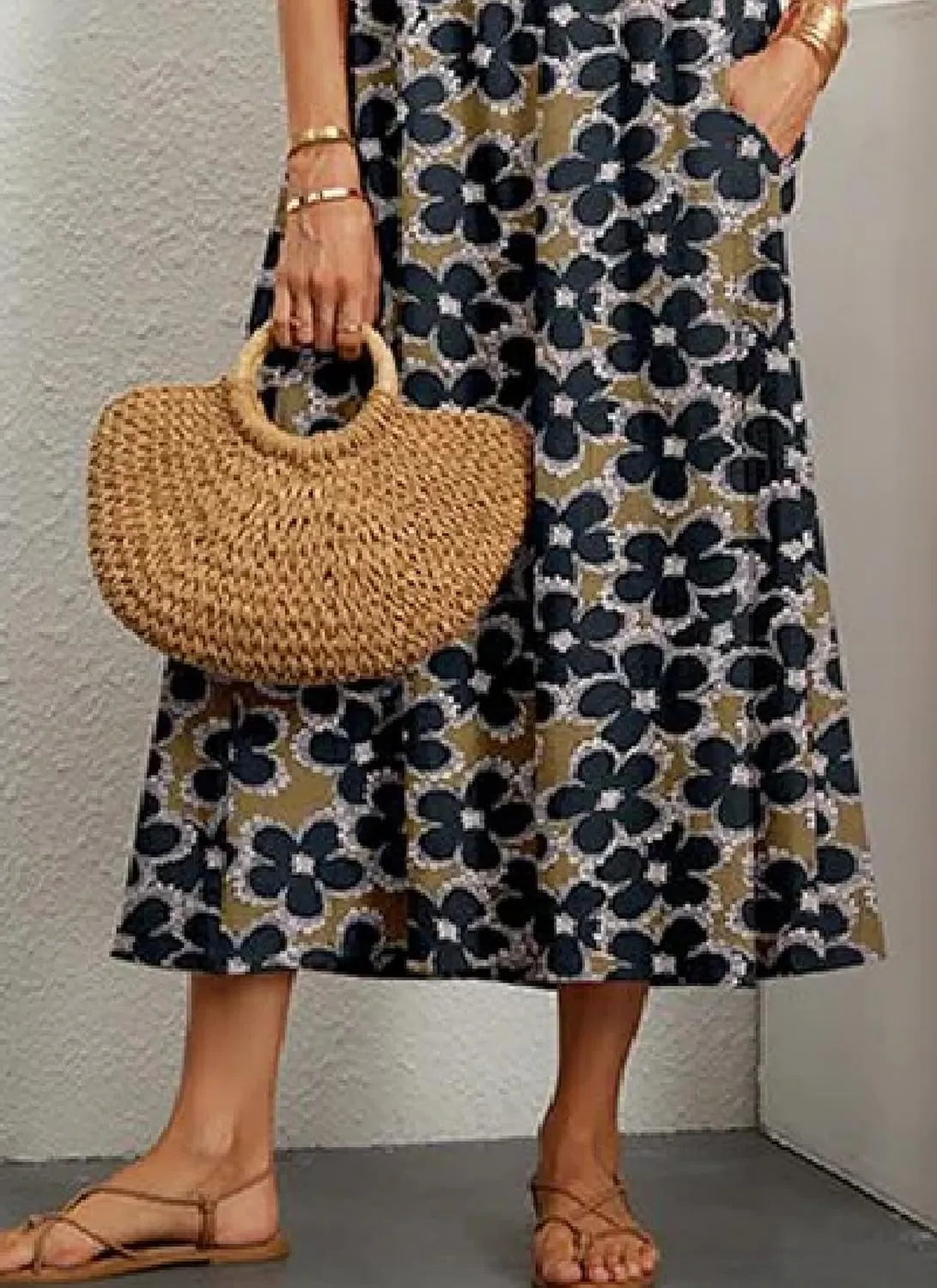 Women's Summer Dress Straight Wrap Long Dress with Side Pockets Round Neck Short Sleeve Floral Print Beach Midi Dress
