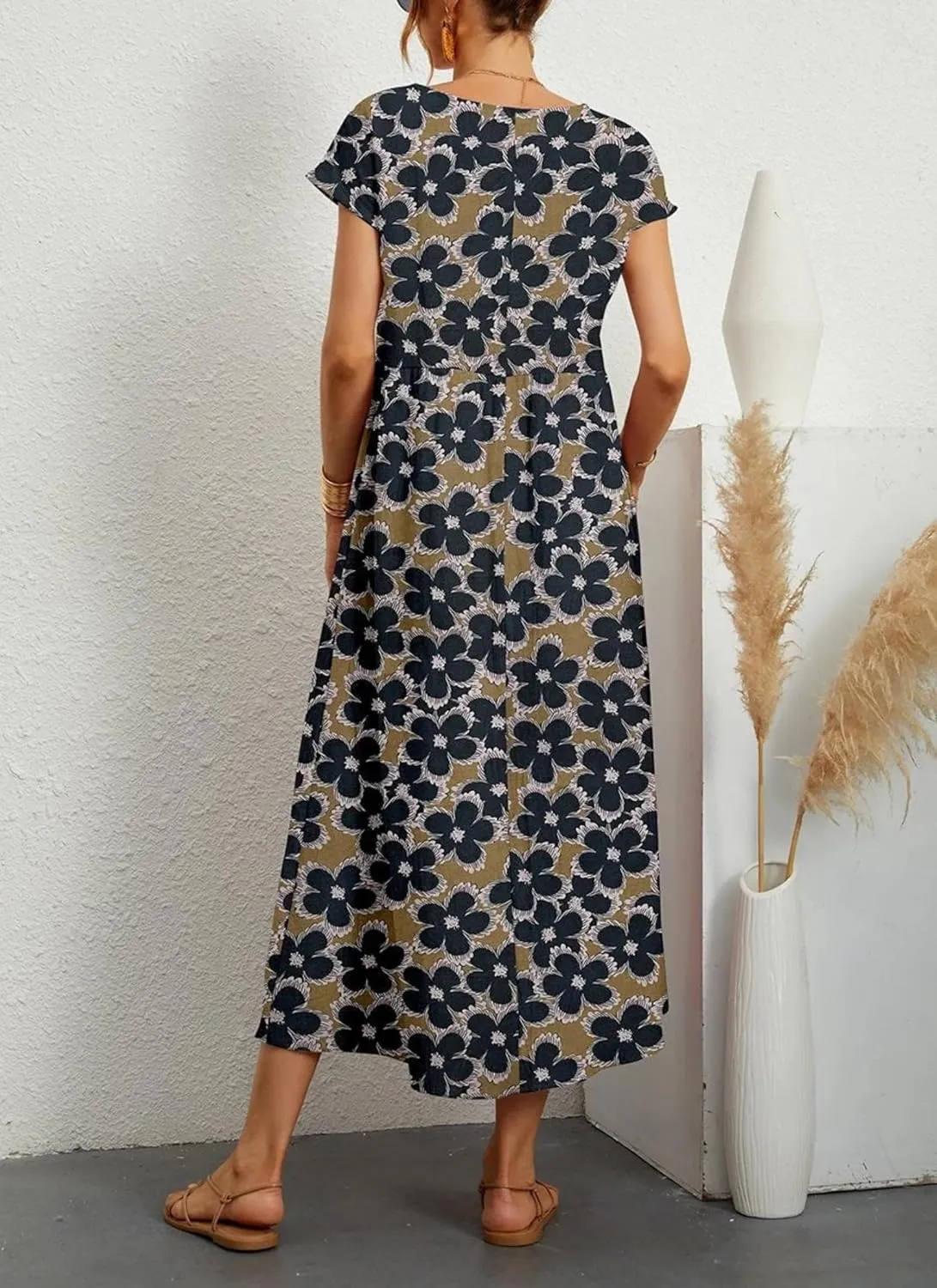 Women's Summer Dress Straight Wrap Long Dress with Side Pockets Round Neck Short Sleeve Floral Print Beach Midi Dress