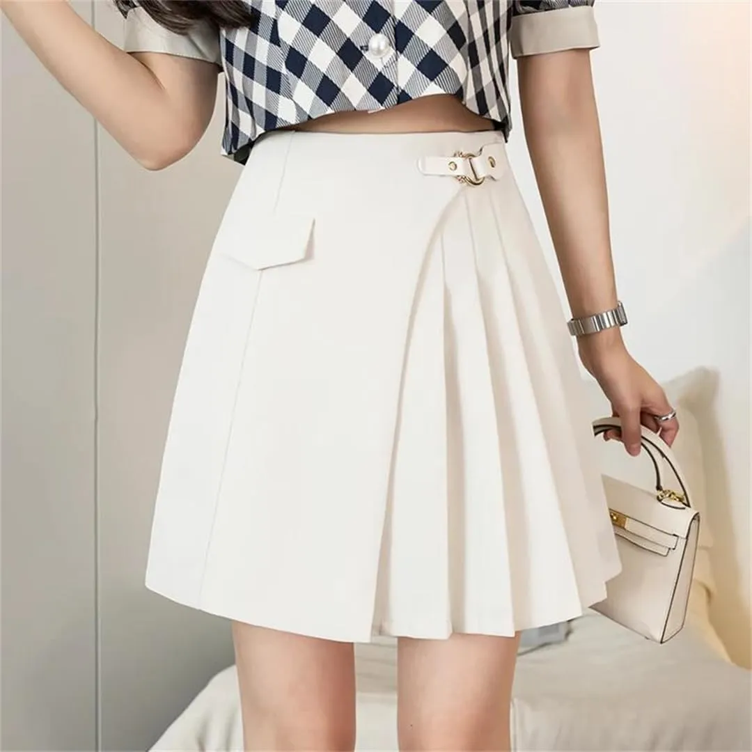 Women's Summer High Waist Pleated Mini Skirts Elegant Office Solid Color A-Line Irregular Skirts