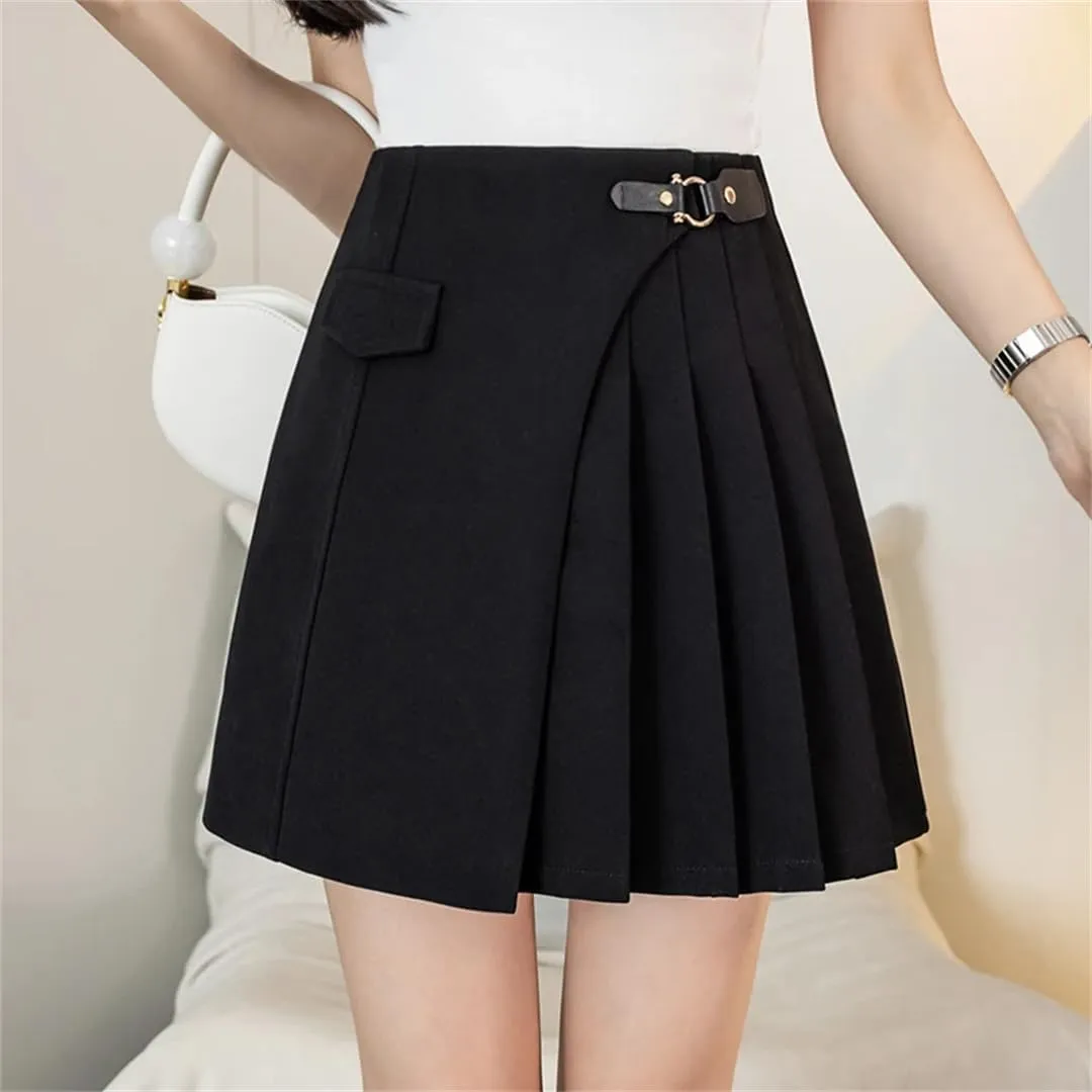 Women's Summer High Waist Pleated Mini Skirts Elegant Office Solid Color A-Line Irregular Skirts