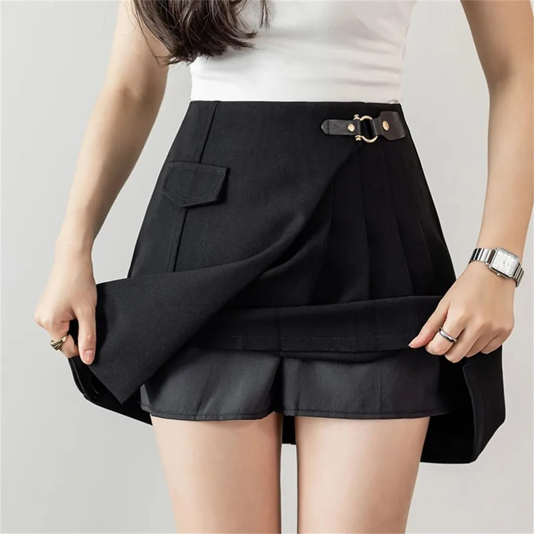 Women's Summer High Waist Pleated Mini Skirts Elegant Office Solid Color A-Line Irregular Skirts
