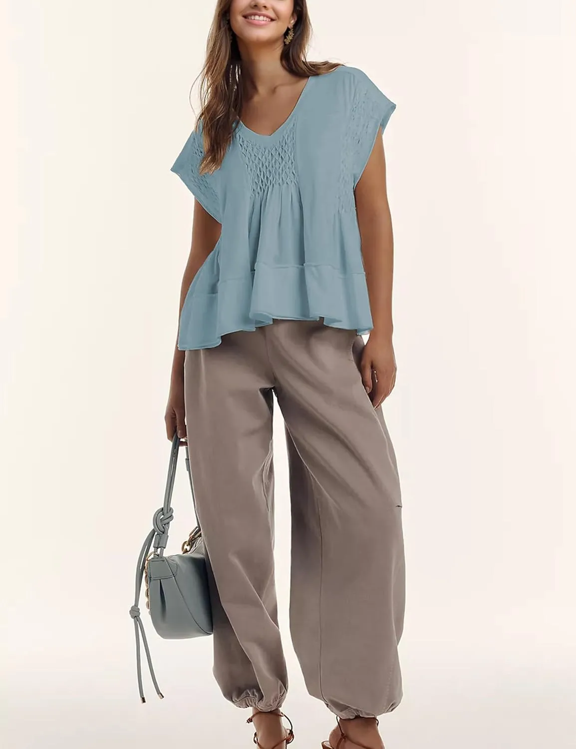Womens Summer Peplum Top Cute Ruffle Shirt Casual Short Sleeve Flowy Hem Boho Pleated Smocked Tops Trendy 2025