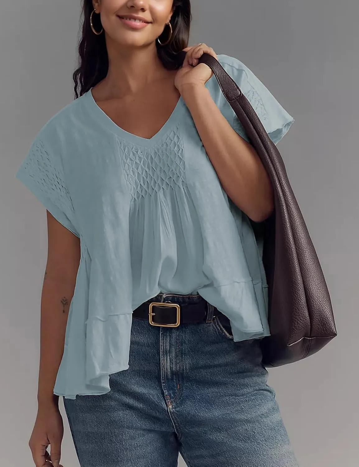 Womens Summer Peplum Top Cute Ruffle Shirt Casual Short Sleeve Flowy Hem Boho Pleated Smocked Tops Trendy 2025