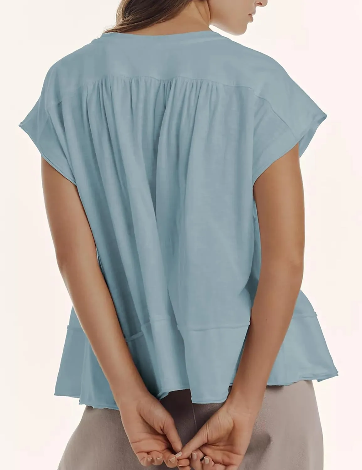 Womens Summer Peplum Top Cute Ruffle Shirt Casual Short Sleeve Flowy Hem Boho Pleated Smocked Tops Trendy 2025