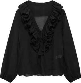 Women's Versatile V-Neck Loose Long Sleeved Ruffled Bow Tie Shirt Top