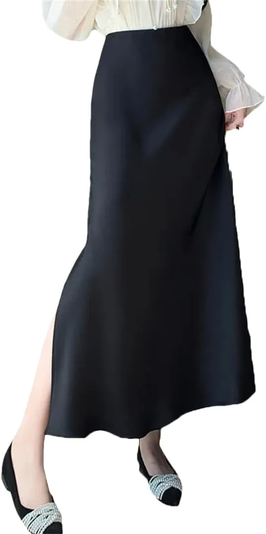 Women's Vintage Satin Skirts Elegant Office Mid Length Split A-Line Wrapped Fishtail Long Skirts